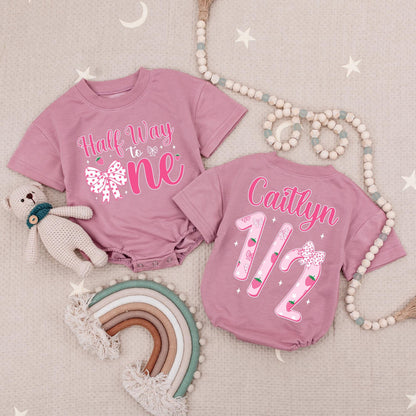Half Way To One Personalized Romper, Pink Bow Birthday Outfit, 6 Month Old Girl Romper, Strawberry Celebration Outfit, Custom Name Romper (135 chars)