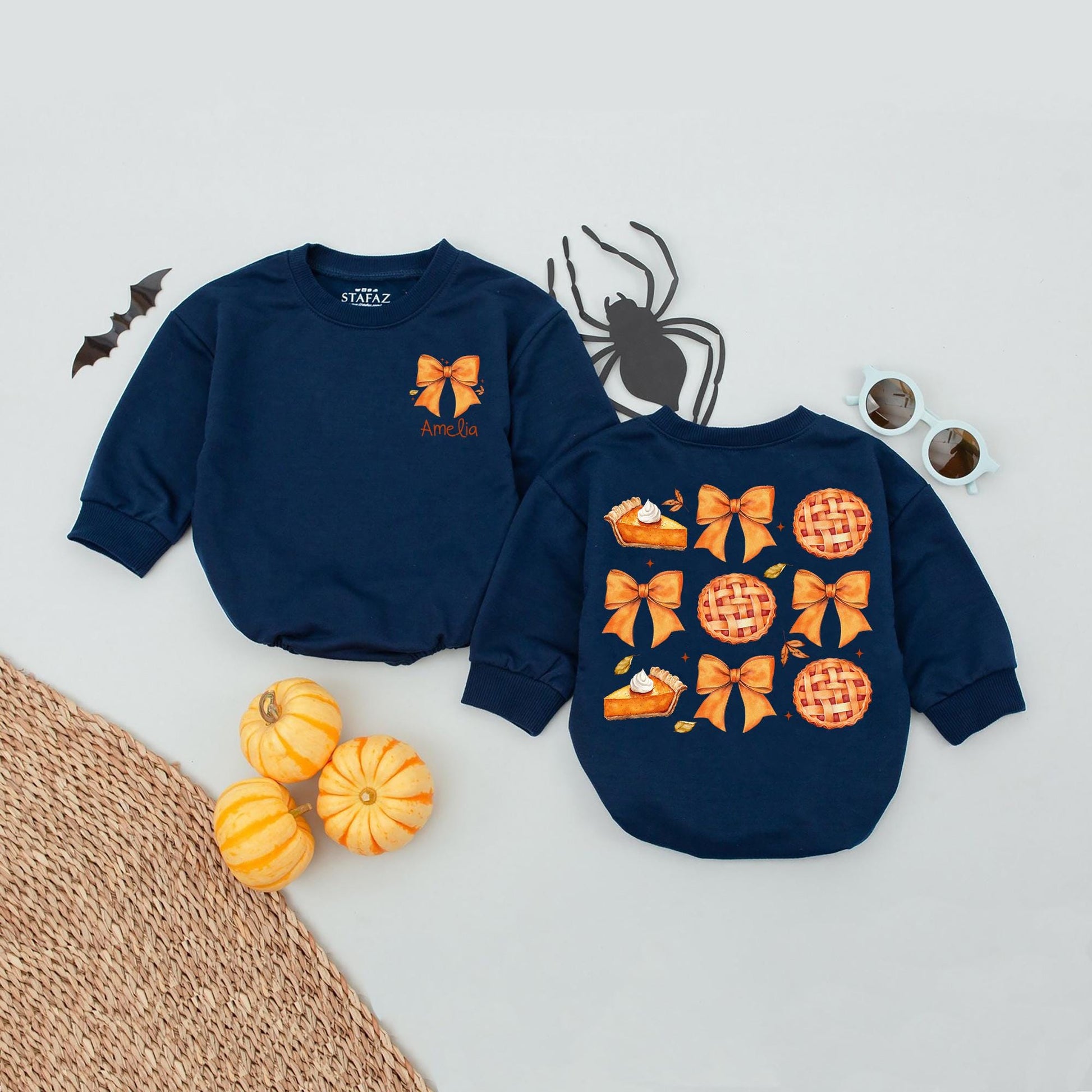 Custom Pumpkin Pie Romper for Girls with Golden Orange Bows and Scattered Fall Leaves Unique Thanksgiving Baby Clothes Cozy Autumn Infant Gift