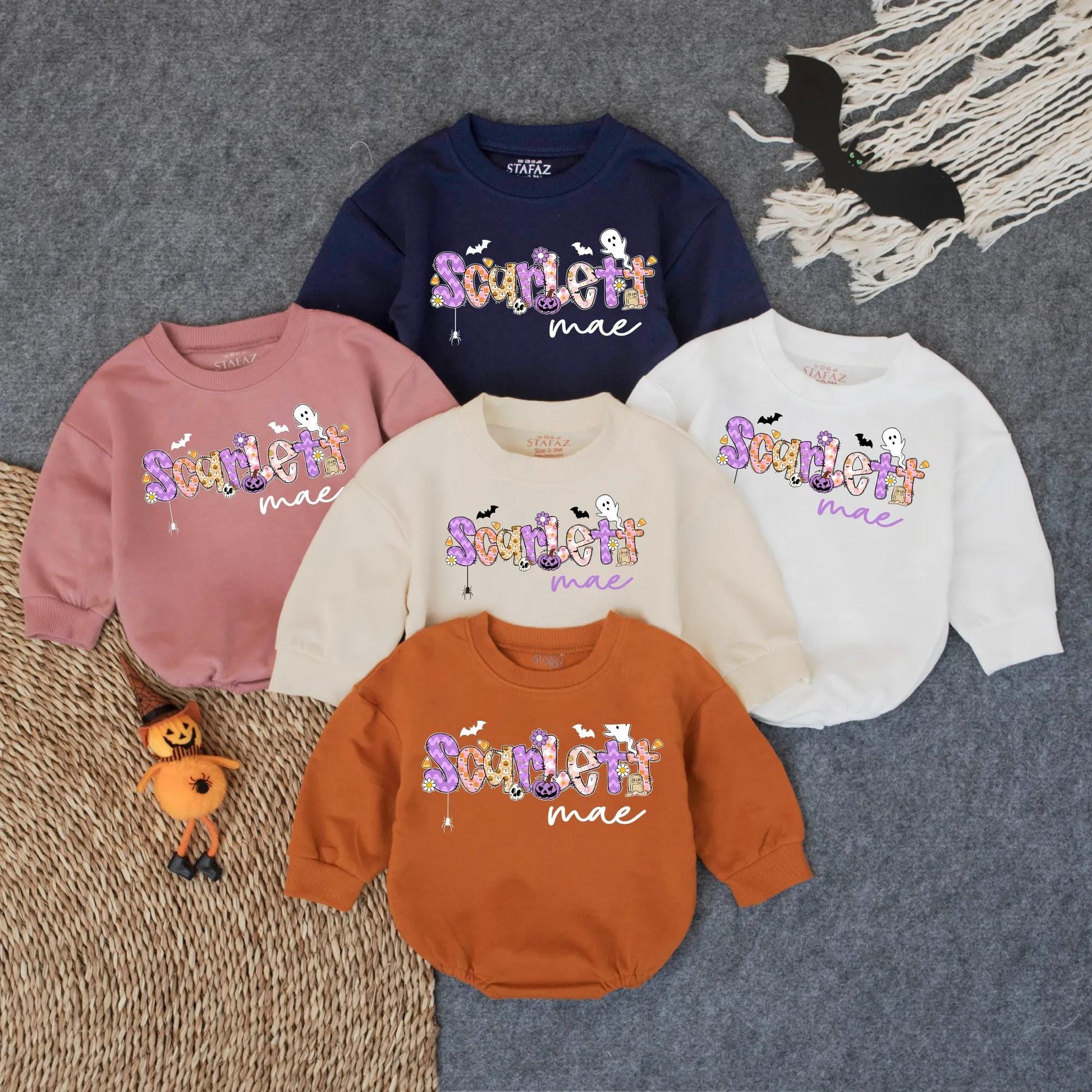 Scarlett Mae Halloween Romper - Spooky Girl Baby Outfit with Custom Name Design - Boo Bubble Suit for Toddlers