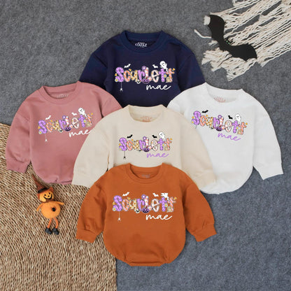 Scarlett Mae Halloween Romper - Spooky Girl Baby Outfit with Custom Name Design - Boo Bubble Suit for Toddlers