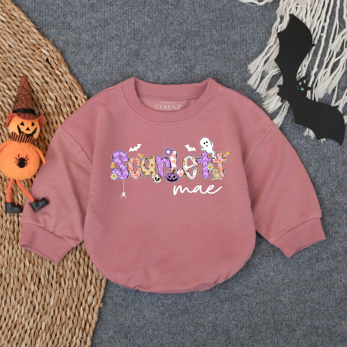 Scarlett Mae Halloween Romper - Spooky Girl Baby Outfit with Custom Name Design - Boo Bubble Suit for Toddlers