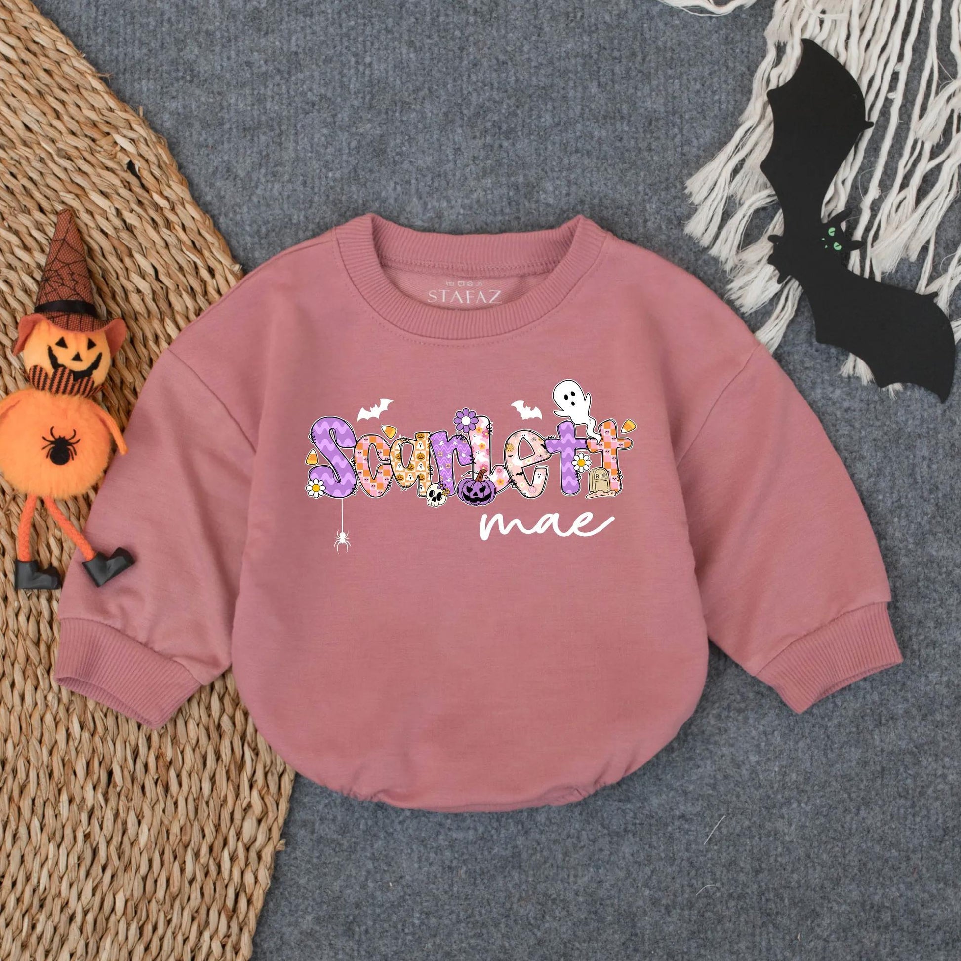 Scarlett Mae Halloween Romper - Spooky Girl Baby Outfit with Custom Name Design - Boo Bubble Suit for Toddlers