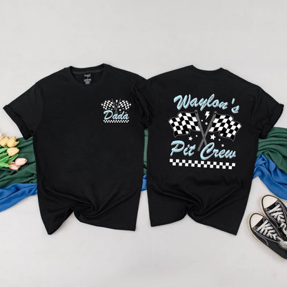 Custom "Waylon is Fast One" Racing Birthday Shirt Family Matching Pit Crew Outfits Light Blue Lightning Bolt Flags