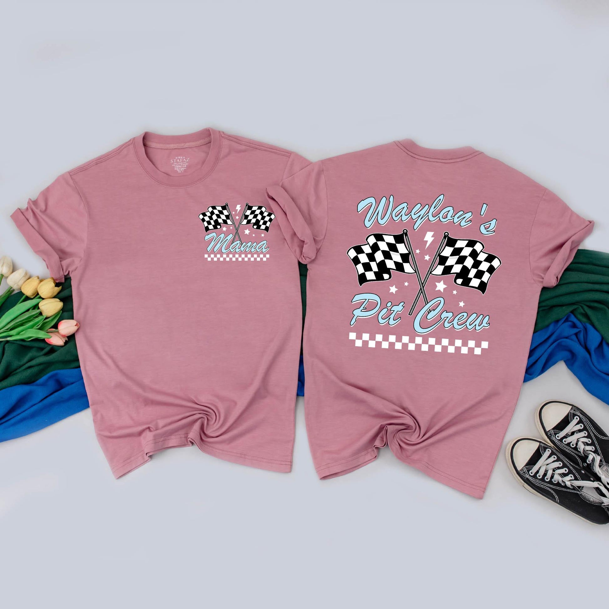 Custom "Waylon is Fast One" Racing Birthday Shirt Family Matching Pit Crew Outfits Light Blue Lightning Bolt Flags