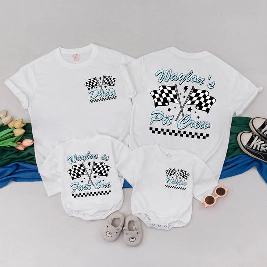 Custom "Waylon is Fast One" Racing Birthday Shirt Family Matching Pit Crew Outfits Light Blue Lightning Bolt Flags