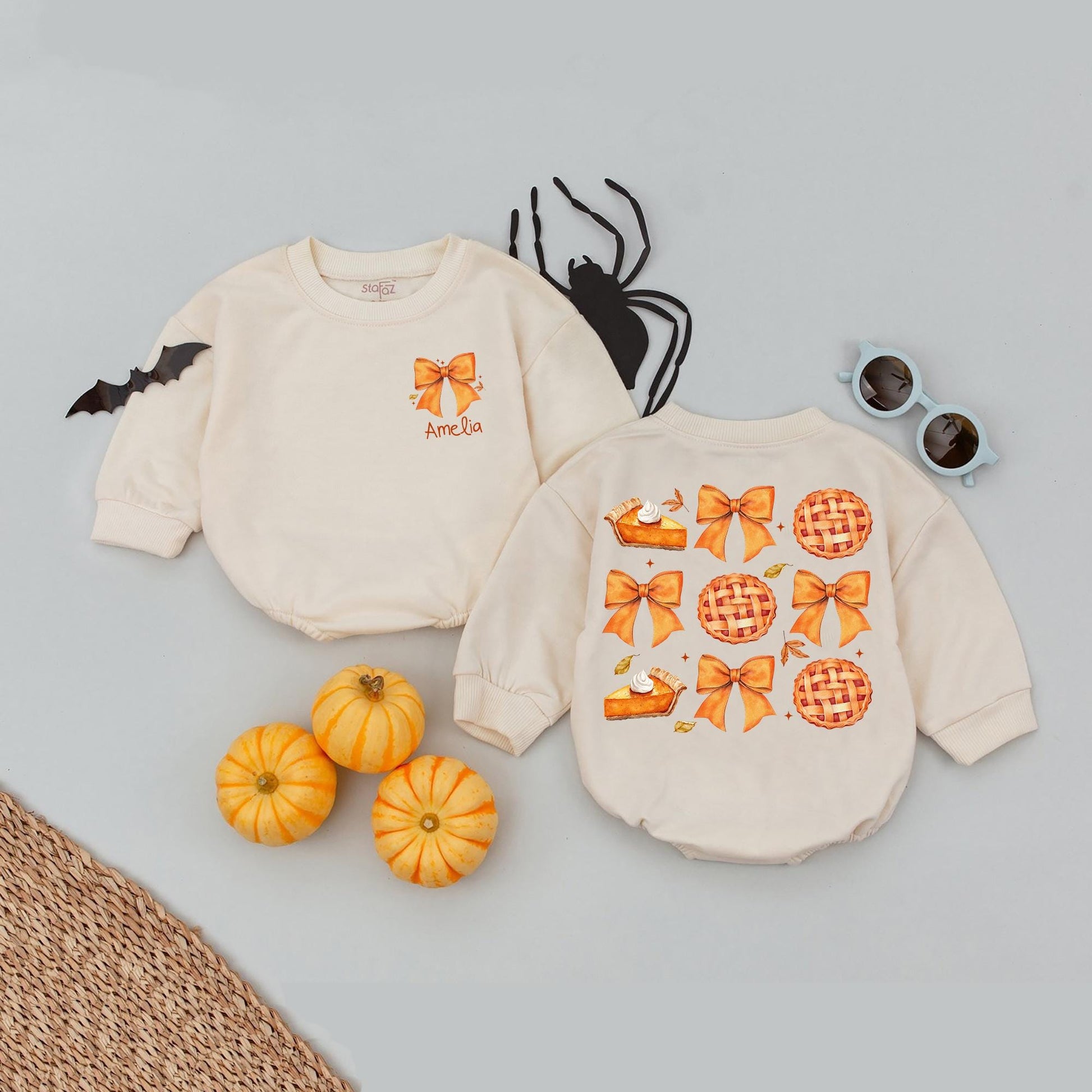 Custom Pumpkin Pie Romper for Girls with Golden Orange Bows and Scattered Fall Leaves Unique Thanksgiving Baby Clothes Cozy Autumn Infant Gift