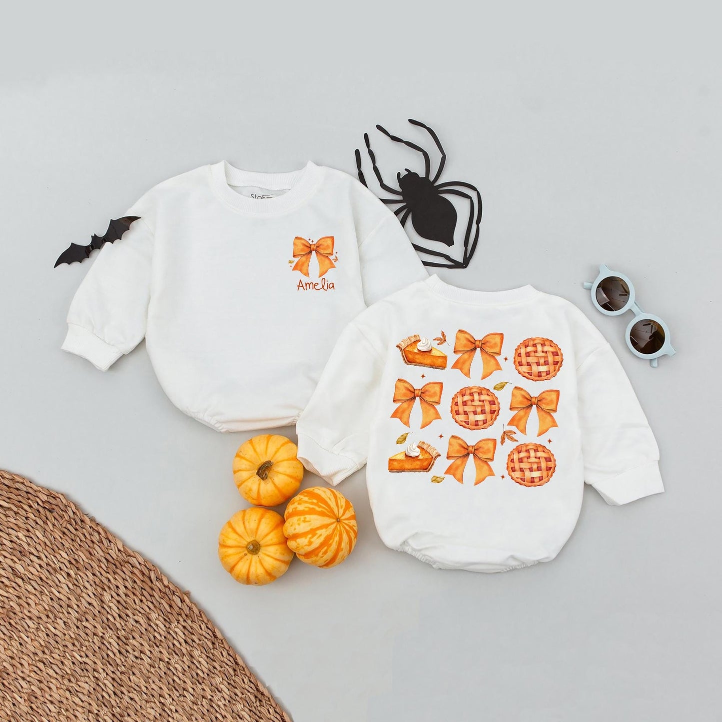 Custom Pumpkin Pie Romper for Girls with Golden Orange Bows and Scattered Fall Leaves Unique Thanksgiving Baby Clothes Cozy Autumn Infant Gift