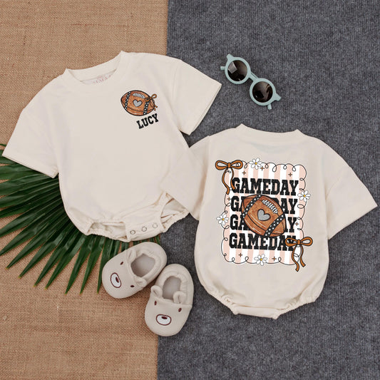 Cute Football Heart Romper for Baby Girl Gameday Outfit with Pink Stripes & Daisies