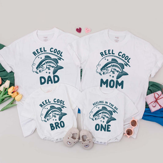 Reel Cool Fishing Birthday Family Shirts: Custom Dad, Mom & Baby First Birthday Outfit, Teal Fish Hook, Personalized Matching Gift, Reeling in the Big One