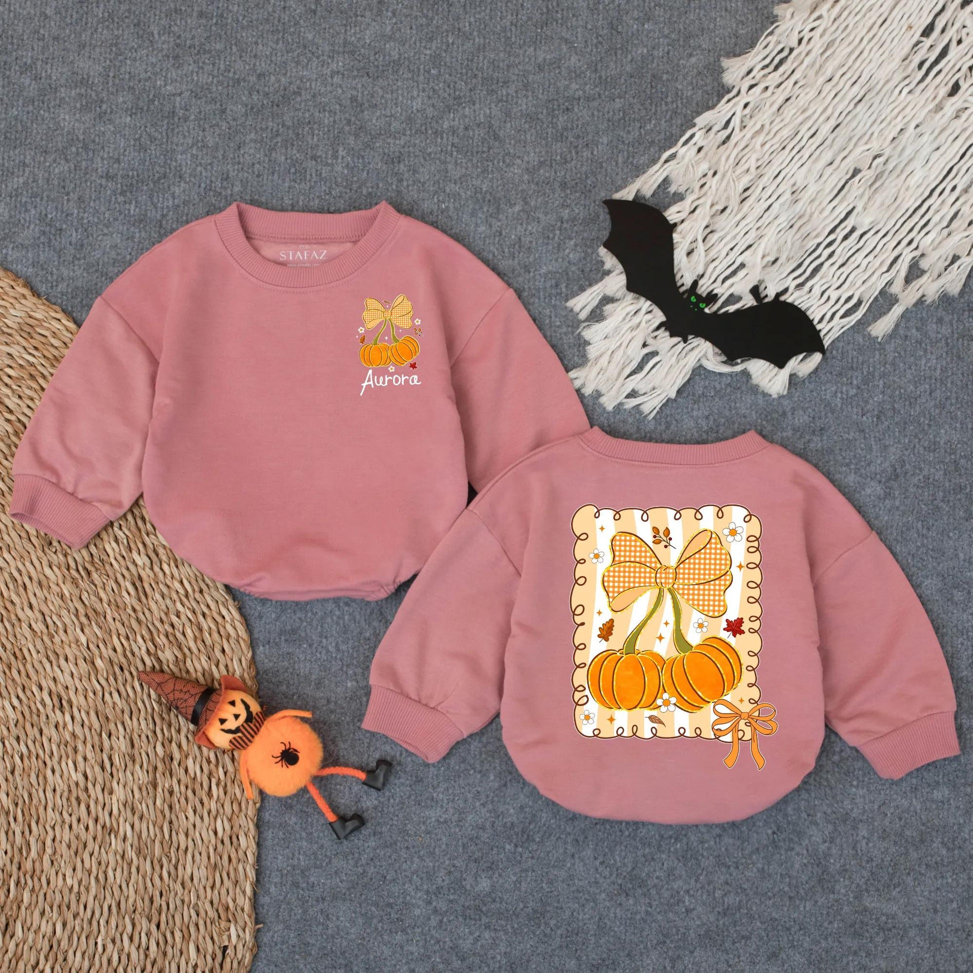 Sparkly Pumpkin Baby Bubble Romper with Bow Fall Leaves Custom Name Outfit Girl Infant Autumn Baby Shower Gift