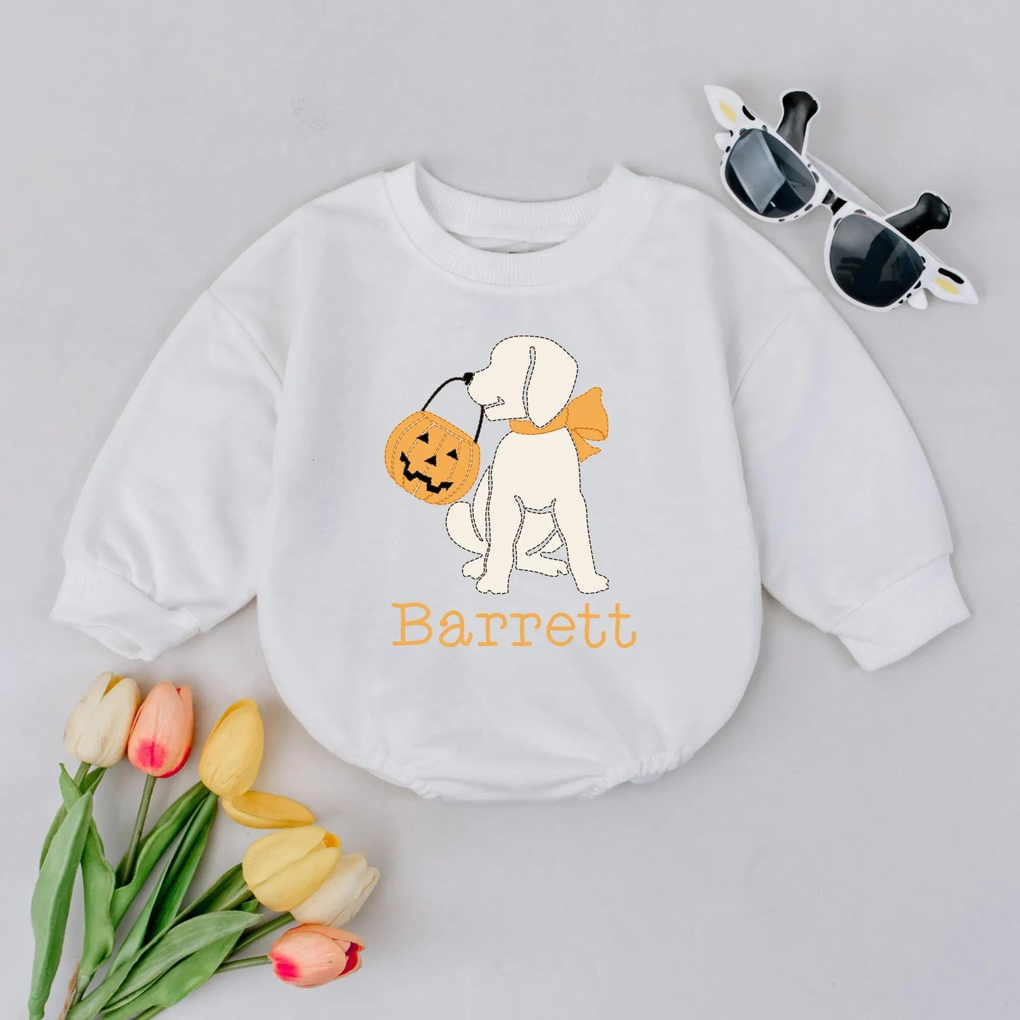 Personalized Halloween Dog Bubble Romper with Name Pumpkin Trick or Treat Baby Fall Outfit for Boys Girls Infant Clothes Gift