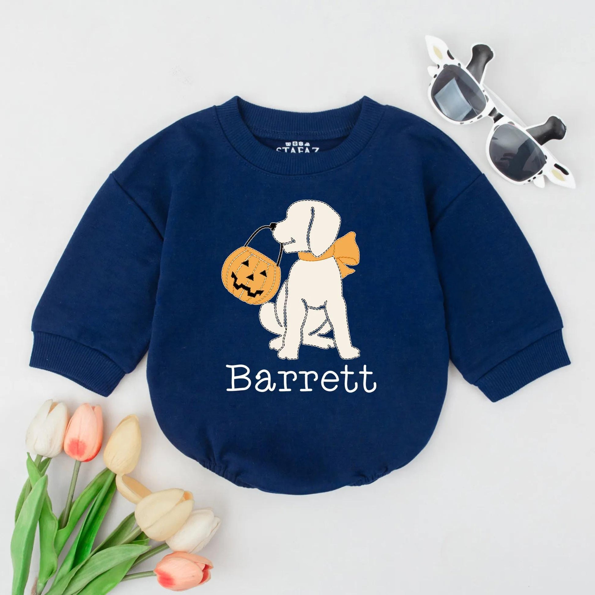 Personalized Halloween Dog Bubble Romper with Name Pumpkin Trick or Treat Baby Fall Outfit for Boys Girls Infant Clothes Gift