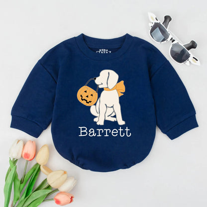 Personalized Halloween Dog Bubble Romper with Name Pumpkin Trick or Treat Baby Fall Outfit for Boys Girls Infant Clothes Gift
