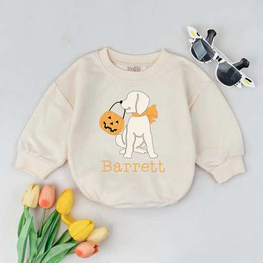 Personalized Halloween Dog Bubble Romper with Name Pumpkin Trick or Treat Baby Fall Outfit for Boys Girls Infant Clothes Gift