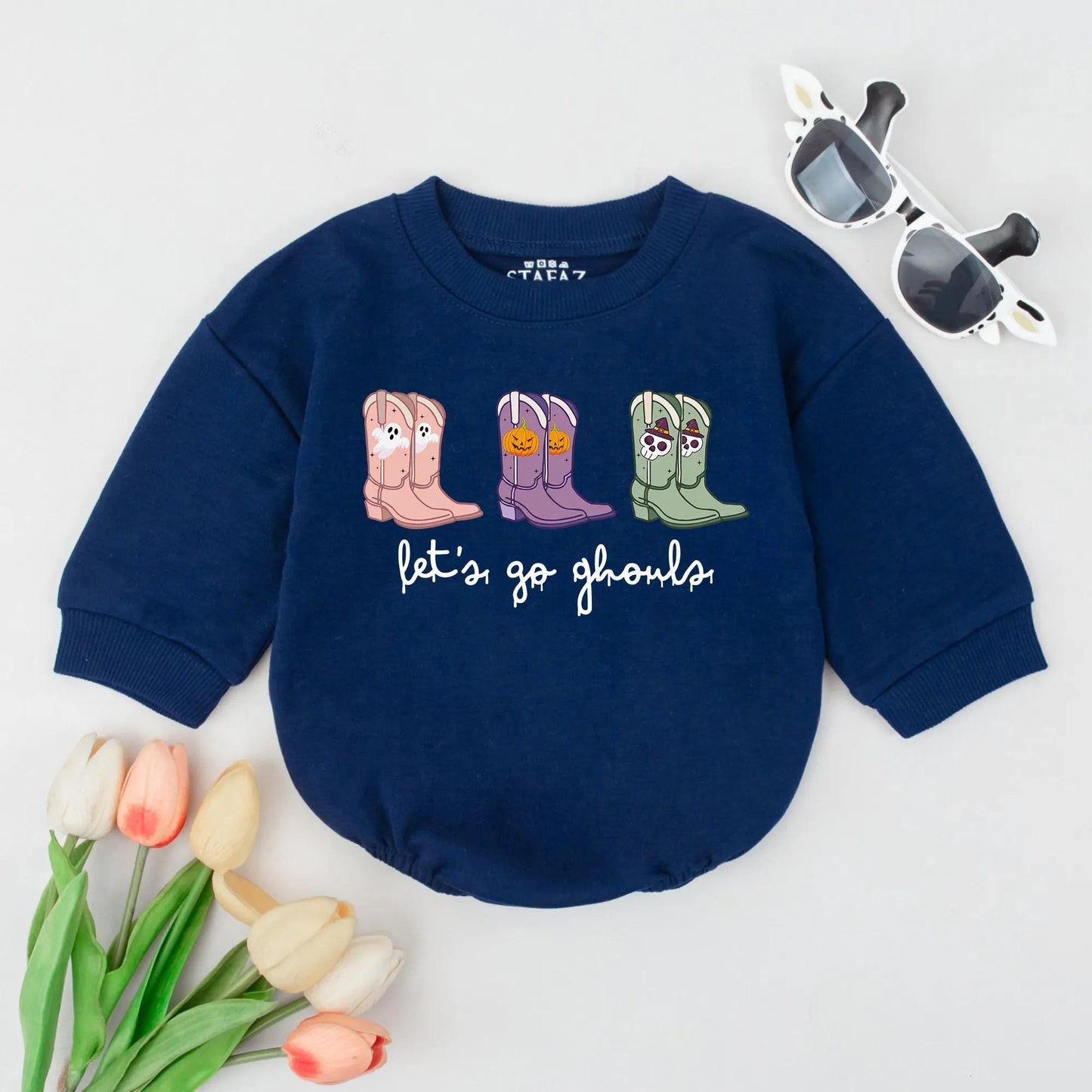 Let's Go Ghouls Baby Bubble Romper Halloween Western Cowgirl Outfit Spooky Cute Fall Retro Baby Clothes Toddler