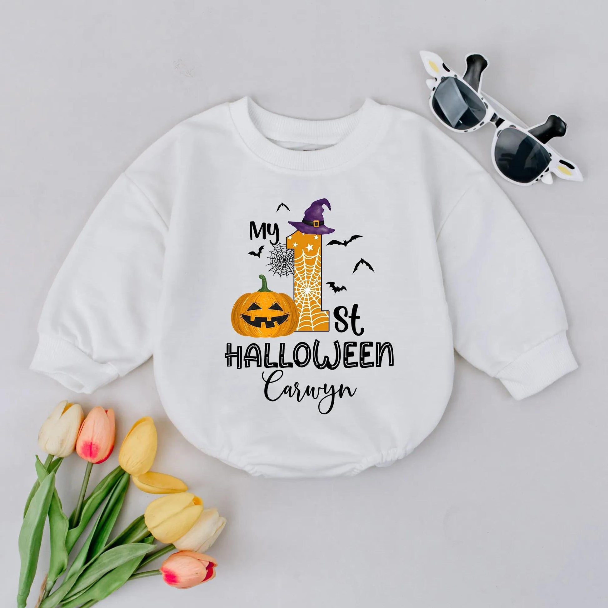 My First Halloween Baby Bubble Romper Custom Name Pumpkin First Halloween Gift Personalized Fall Baby Outfit