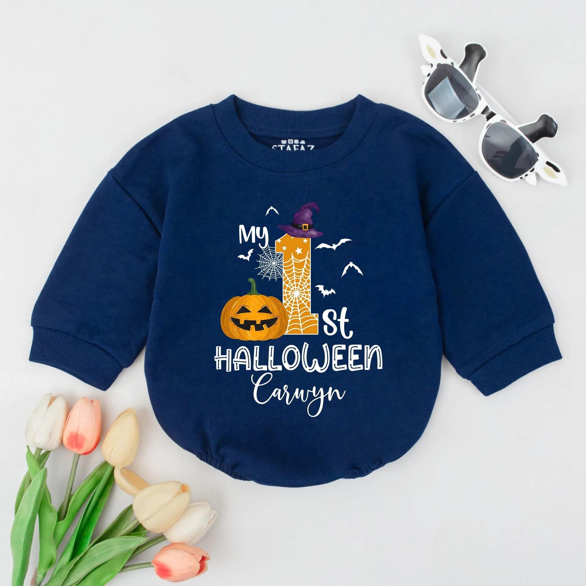My First Halloween Baby Bubble Romper Custom Name Pumpkin First Halloween Gift Personalized Fall Baby Outfit