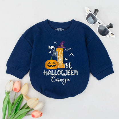My First Halloween Baby Bubble Romper Custom Name Pumpkin First Halloween Gift Personalized Fall Baby Outfit