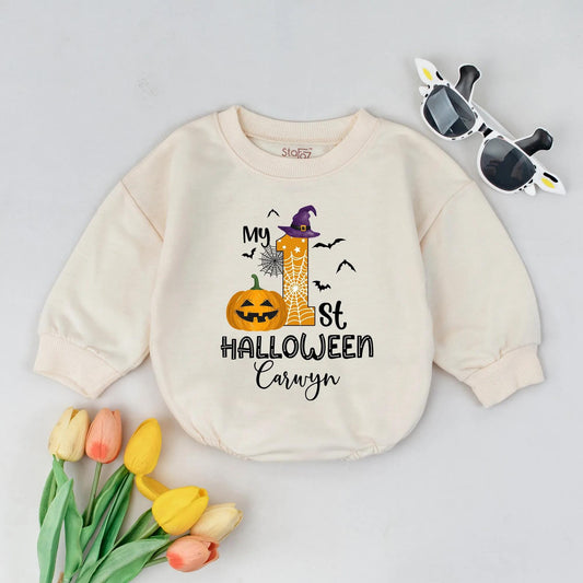 My First Halloween Baby Bubble Romper Custom Name Pumpkin First Halloween Gift Personalized Fall Baby Outfit