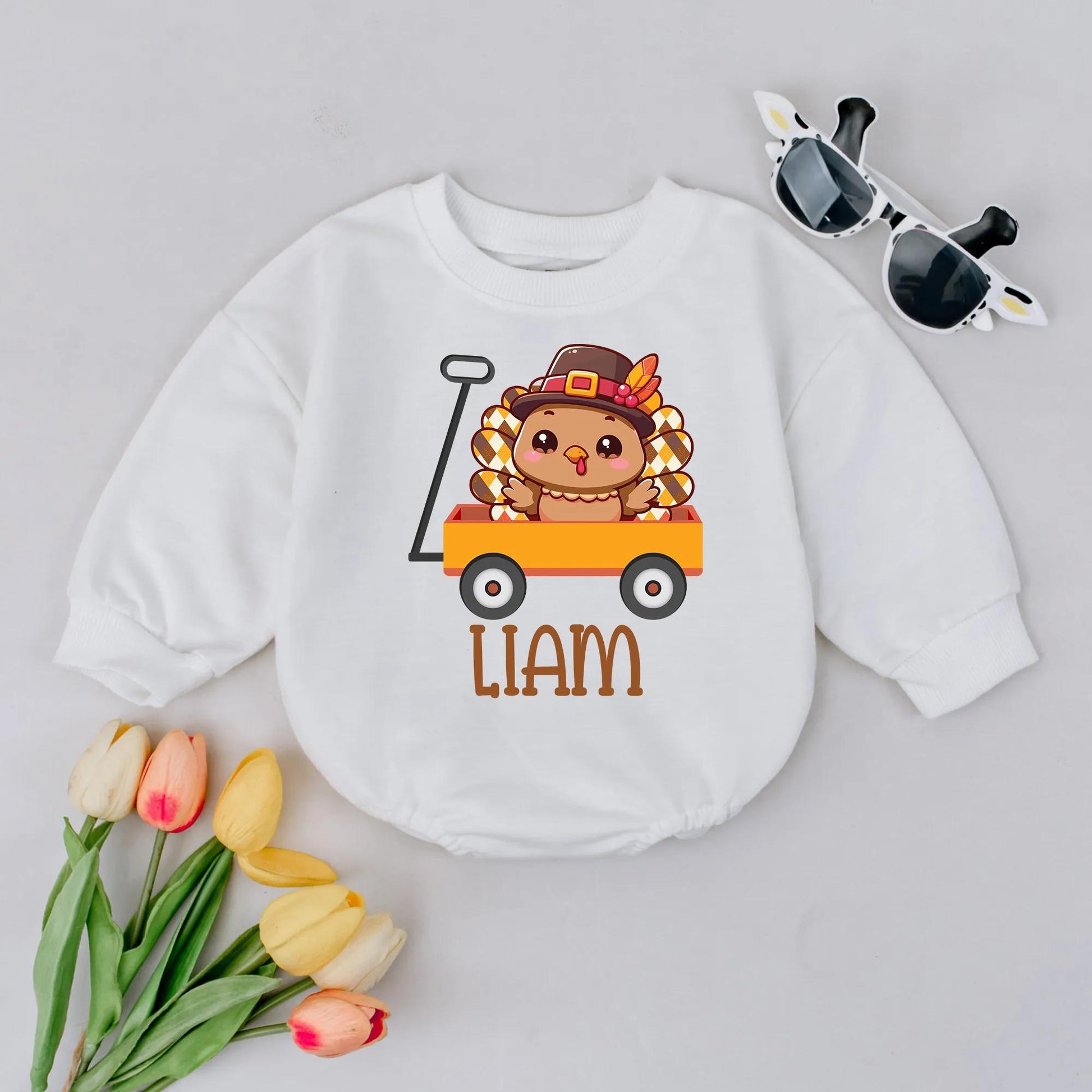 Custom Name Turkey Baby Romper Thanksgiving Outfit Personalized Infant Fall Boy Clothes Cute Baby Turkey Gift Idea
