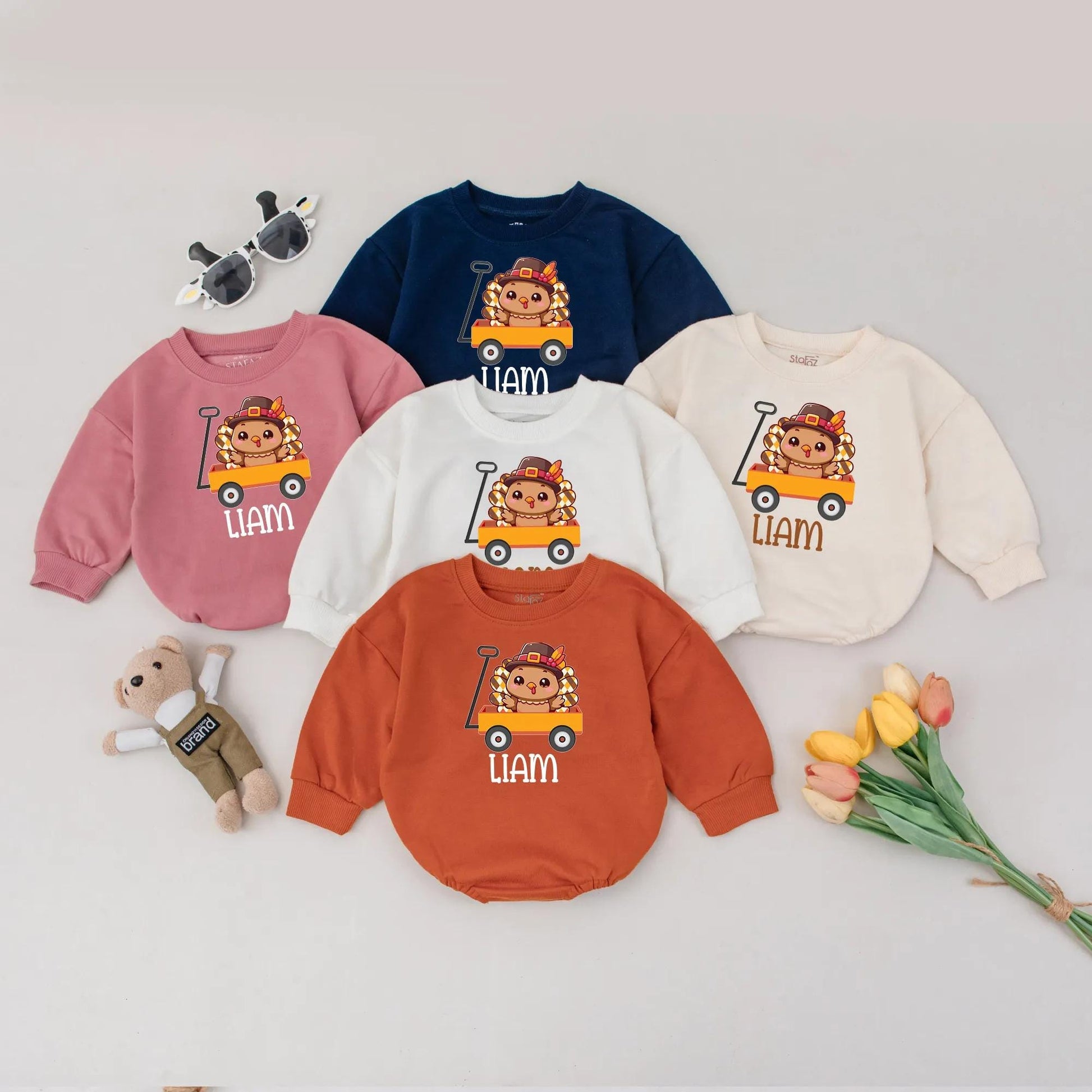 Custom Name Turkey Baby Romper Thanksgiving Outfit Personalized Infant Fall Boy Clothes Cute Baby Turkey Gift Idea