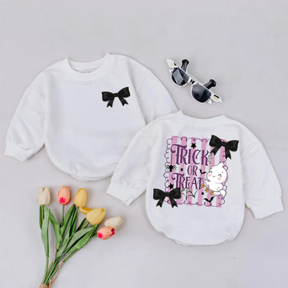 Cute Trick or Treat Baby Bubble Romper Pastel Goth Halloween Girl Outfit with Black Bow Spooky Baby Clothes for Fall Infant Costume