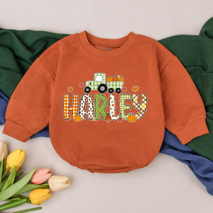 Personalized Tractor Pumpkin Romper Thanksgiving Fall Baby Bodysuit Name Newborn Infant Outfit Autumn Baby Shower Gift Soft Cotton Apparel