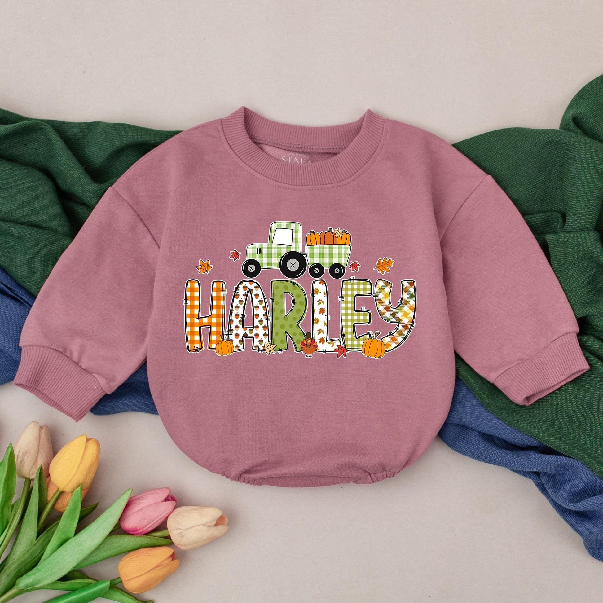 Personalized Tractor Pumpkin Romper Thanksgiving Fall Baby Bodysuit Name Newborn Infant Outfit Autumn Baby Shower Gift Soft Cotton Apparel