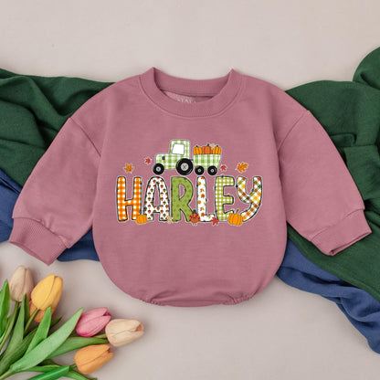Personalized Tractor Pumpkin Romper Thanksgiving Fall Baby Bodysuit Name Newborn Infant Outfit Autumn Baby Shower Gift Soft Cotton Apparel