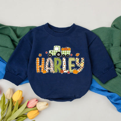 Personalized Tractor Pumpkin Romper Thanksgiving Fall Baby Bodysuit Name Newborn Infant Outfit Autumn Baby Shower Gift Soft Cotton Apparel