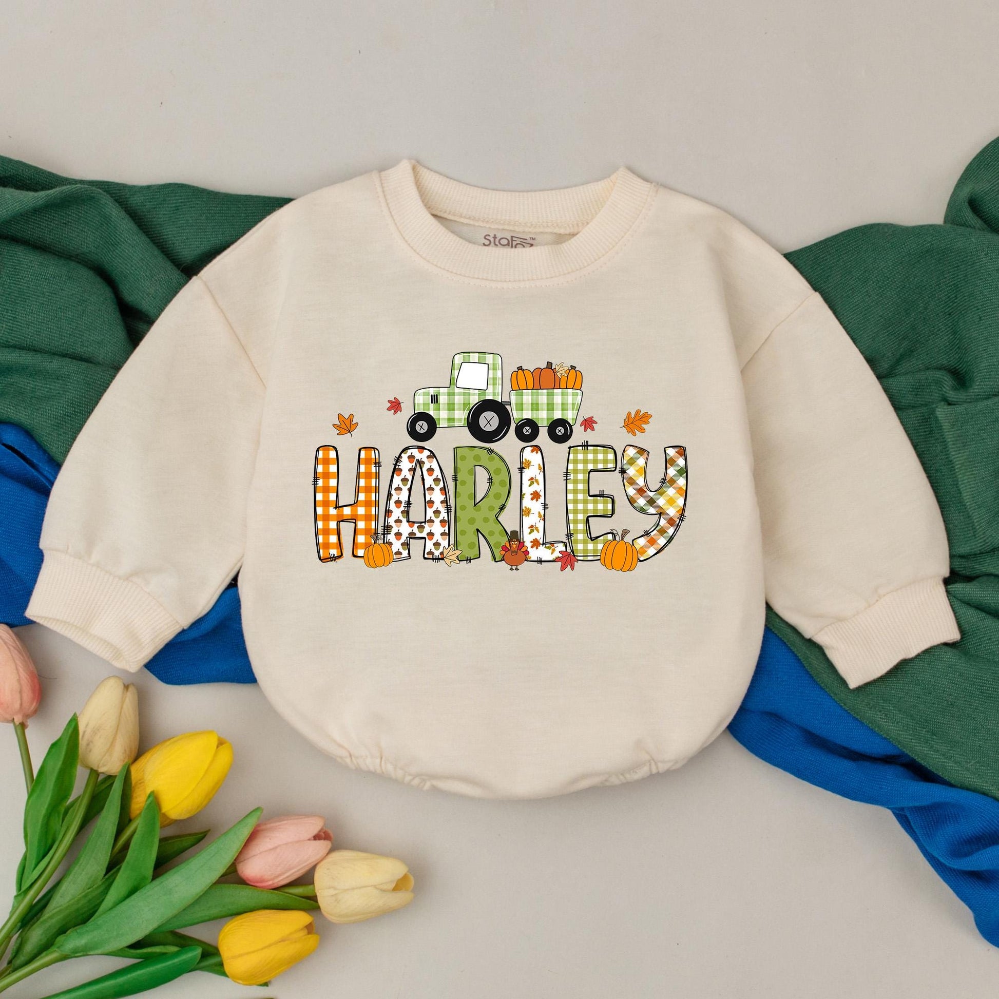 Personalized Tractor Pumpkin Romper Thanksgiving Fall Baby Bodysuit Name Newborn Infant Outfit Autumn Baby Shower Gift Soft Cotton Apparel