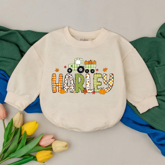 Personalized Tractor Pumpkin Romper Thanksgiving Fall Baby Bodysuit Name Newborn Infant Outfit Autumn Baby Shower Gift Soft Cotton Apparel
