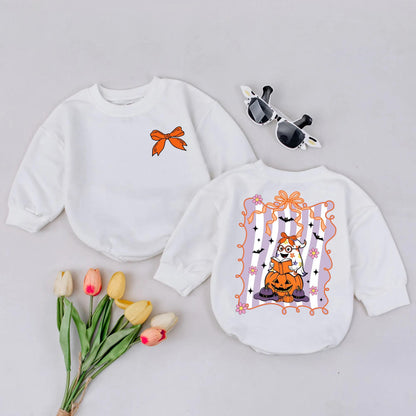 Cute Owl Witch Baby Bubble Romper Kawaii Fall Outfit Orange Bow Spooky Halloween Infant Clothes Trick or Treat Fun