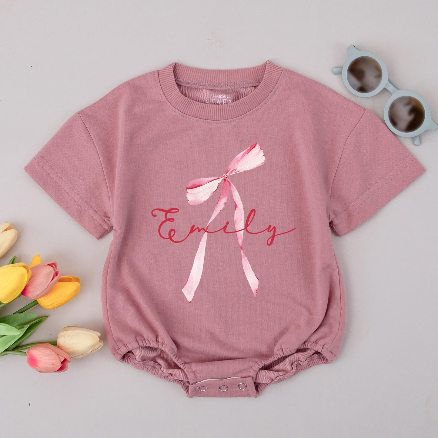 Emily Watercolor Bow Romper Custom Name Baby Girl Outfit Whimsical Pink Stars Infant Shower Gift