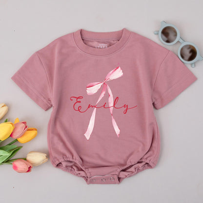 Emily Watercolor Bow Romper Custom Name Baby Girl Outfit Whimsical Pink Stars Infant Shower Gift