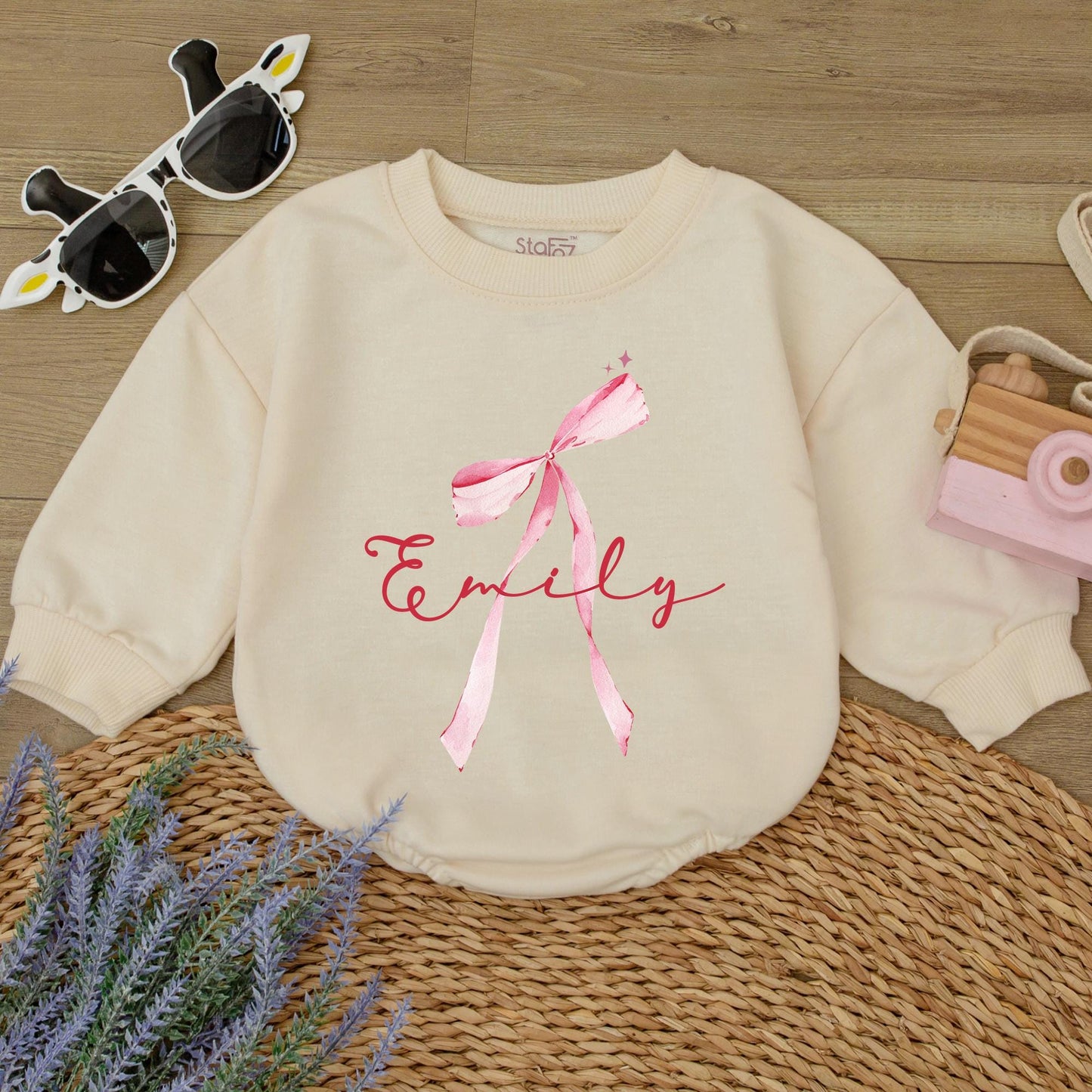 Emily Watercolor Bow Romper Custom Name Baby Girl Outfit Whimsical Pink Stars Infant Shower Gift