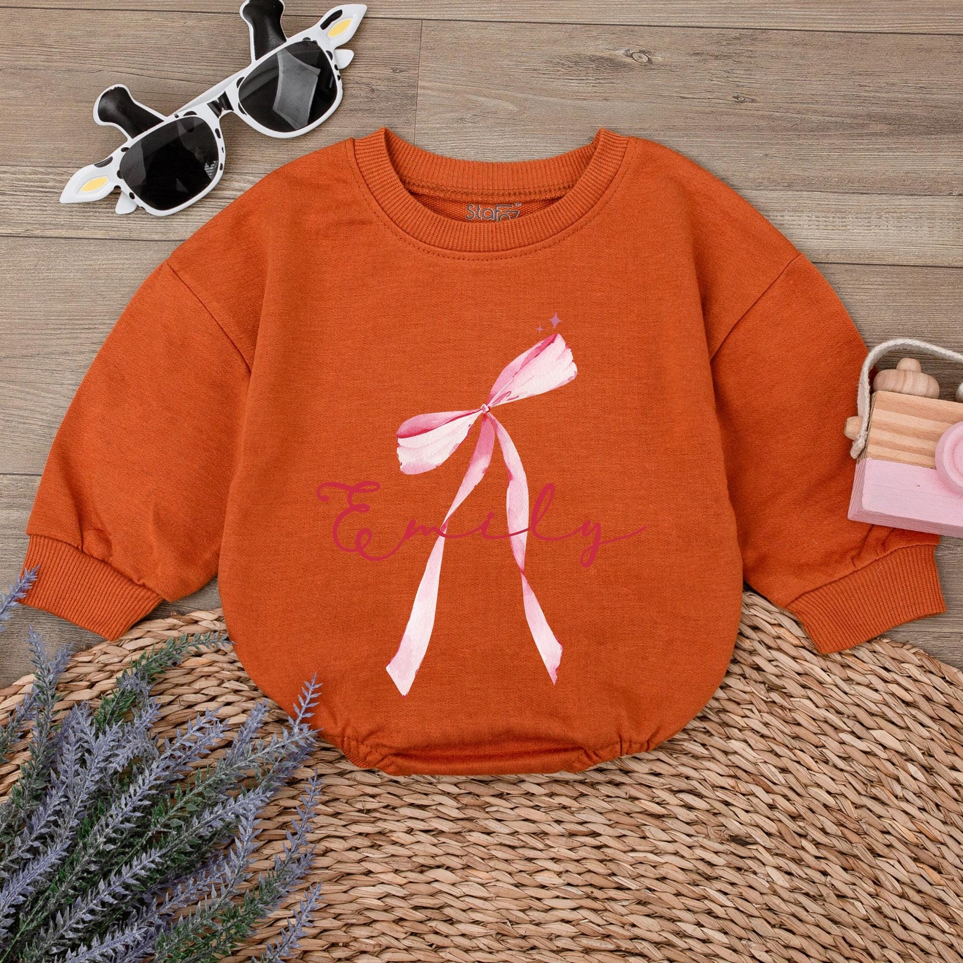 Emily Watercolor Bow Romper Custom Name Baby Girl Outfit Whimsical Pink Stars Infant Shower Gift