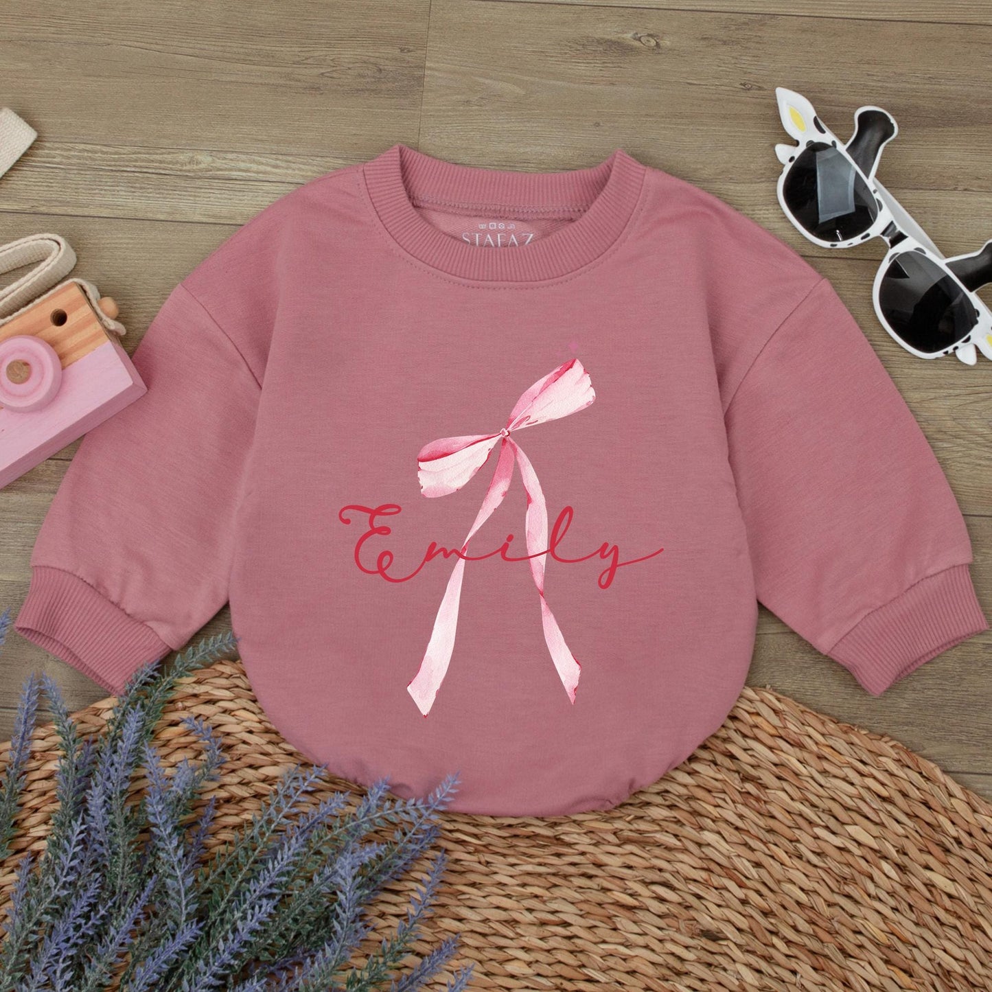 Emily Watercolor Bow Romper Custom Name Baby Girl Outfit Whimsical Pink Stars Infant Shower Gift