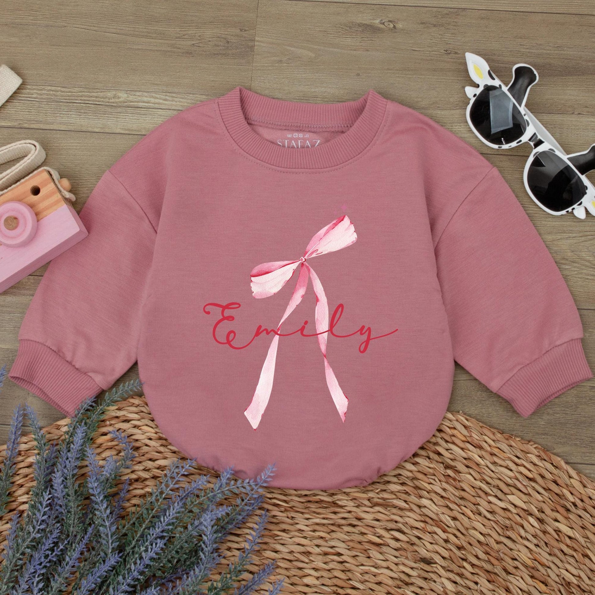 Emily Watercolor Bow Romper Custom Name Baby Girl Outfit Whimsical Pink Stars Infant Shower Gift