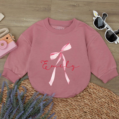 Emily Watercolor Bow Romper Custom Name Baby Girl Outfit Whimsical Pink Stars Infant Shower Gift