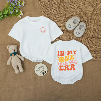 Retro Smiley Face Romper for 1st Birthday Outfit In My One Year Old Era Baby Bodysuit Toddler Girl or Boy Vintage First Gift