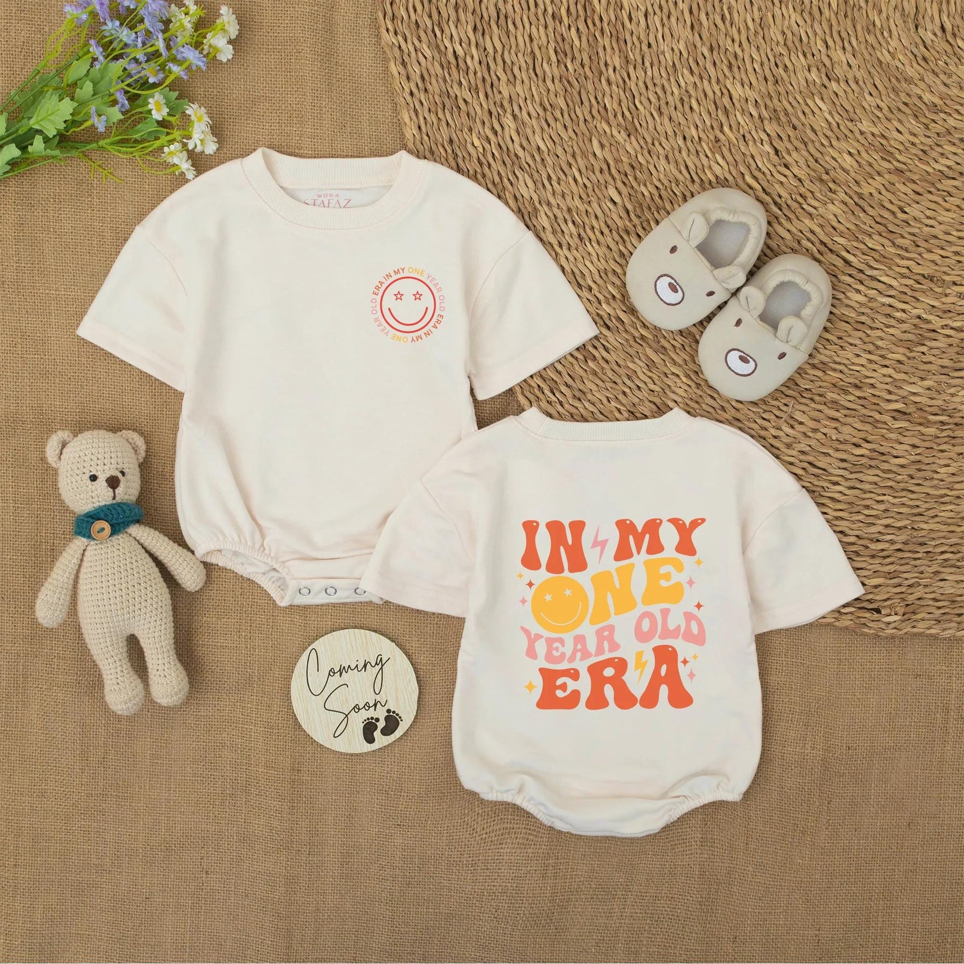 Retro Smiley Face Romper for 1st Birthday Outfit In My One Year Old Era Baby Bodysuit Toddler Girl or Boy Vintage First Gift