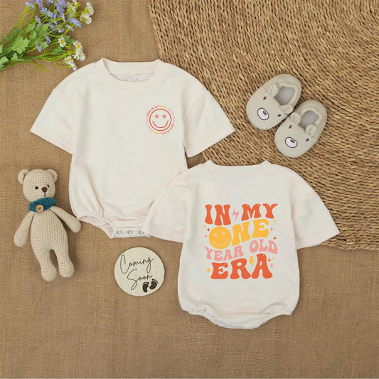 Retro Smiley Face Romper for 1st Birthday Outfit In My One Year Old Era Baby Bodysuit Toddler Girl or Boy Vintage First Gift