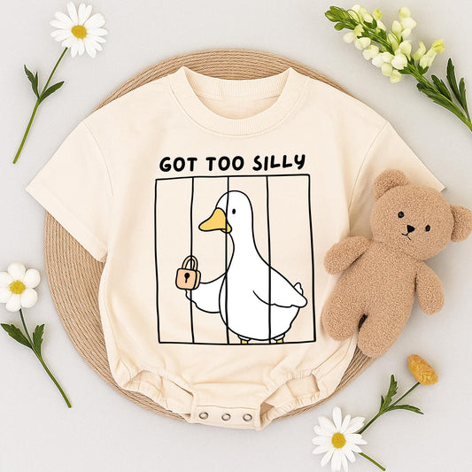 Got Too Silly Goose Romper: Funny Baby Outfit, Minimalist Cartoon Jumpsuit, Humorous Newborn Clothes, Meme Bodysuit, Adorable Infant Gift Idea (138)