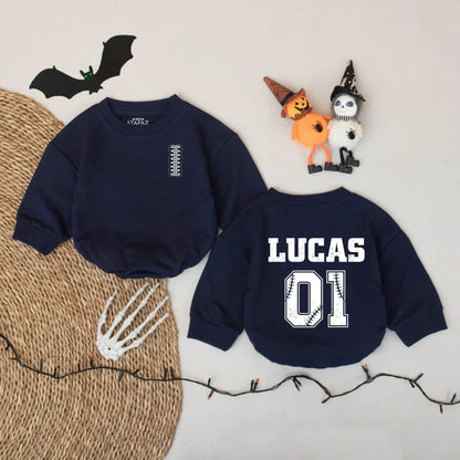 Personalized Football Baby Romper, Custom Name & Number Bodysuit, Vintage Sports Outfit with Baseball Stitch Detail, Baby Boy Fall Gift Idea 01 Lucas 138
