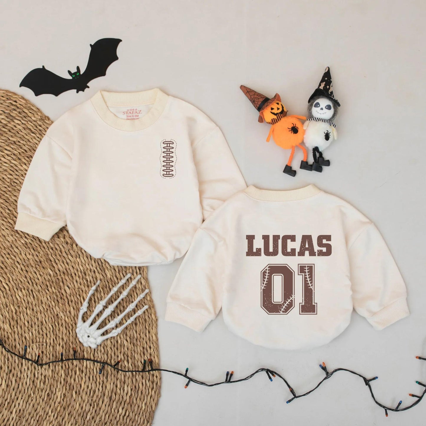 Personalized Football Baby Romper, Custom Name & Number Bodysuit, Vintage Sports Outfit with Baseball Stitch Detail, Baby Boy Fall Gift Idea 01 Lucas 138