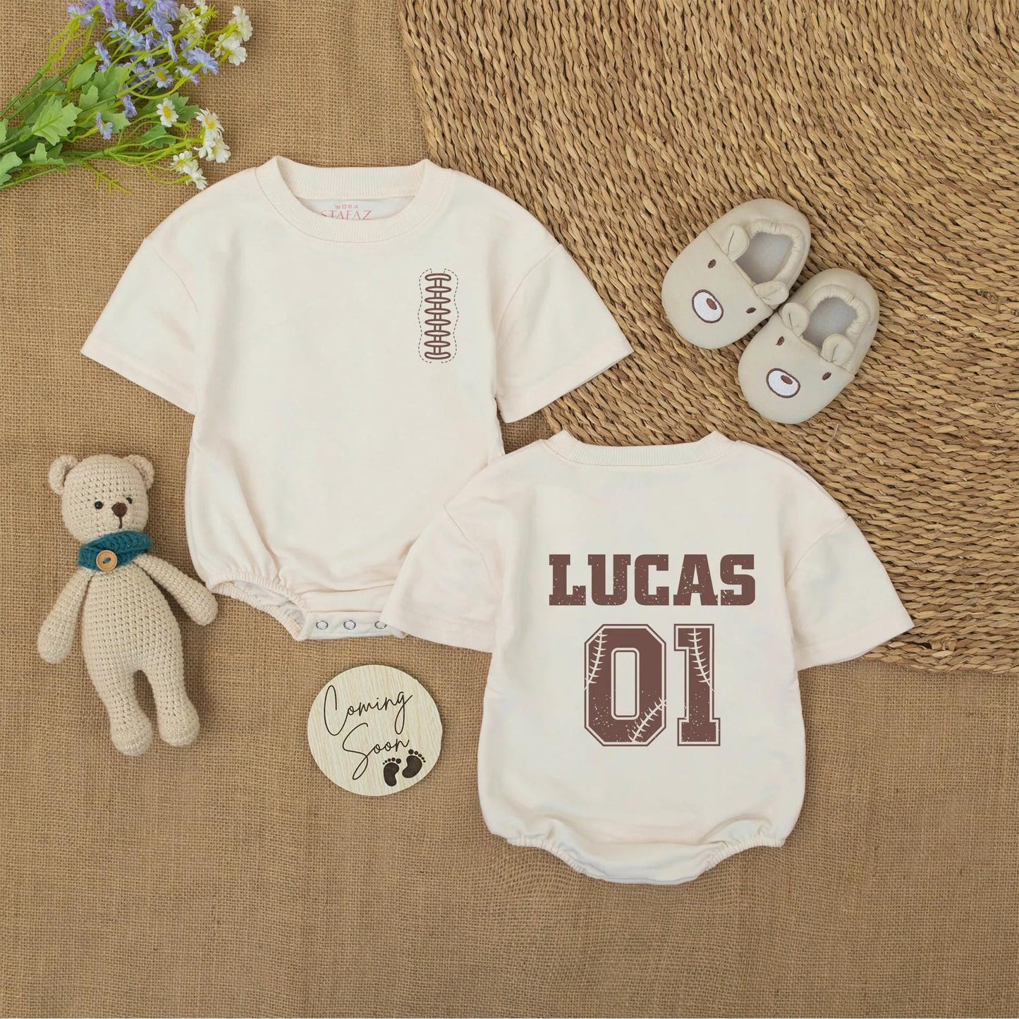 Personalized Football Baby Romper, Custom Name & Number Bodysuit, Vintage Sports Outfit with Baseball Stitch Detail, Baby Boy Fall Gift Idea 01 Lucas 138