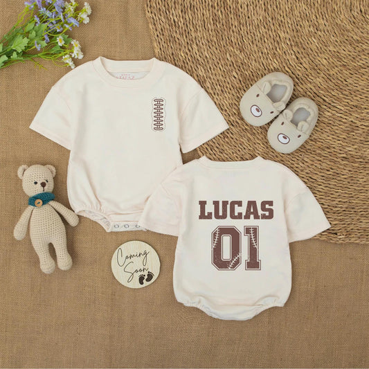Personalized Football Baby Romper, Custom Name & Number Bodysuit, Vintage Sports Outfit with Baseball Stitch Detail, Baby Boy Fall Gift Idea 01 Lucas 138