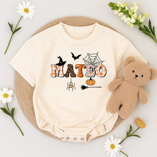 Personalized MATBO Halloween Baby Romper: Whimsical First Halloween Outfit for Baby, Custom Name Spooky Season Gift, Witch, Bat, and Pumpkin Design
