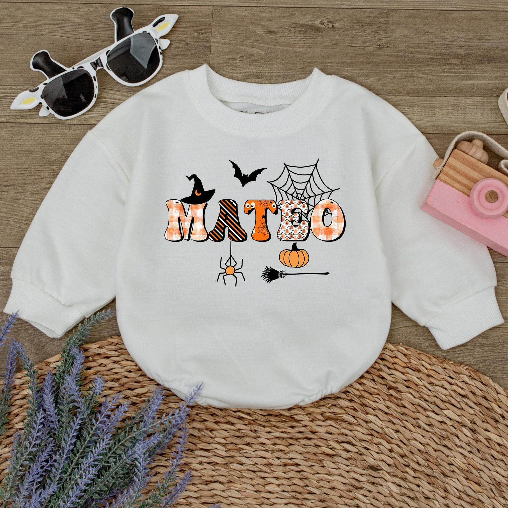 Personalized MATBO Halloween Baby Romper: Whimsical First Halloween Outfit for Baby, Custom Name Spooky Season Gift, Witch, Bat, and Pumpkin Design